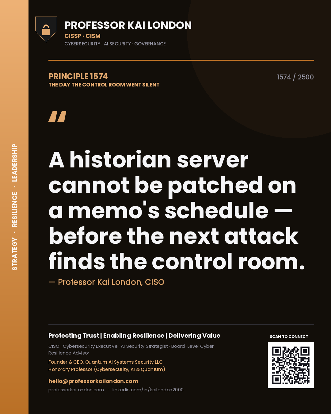 Professor Kai London principle 1574: A historian server cannot be patched on a memo's schedule — before the next attack finds the control room.