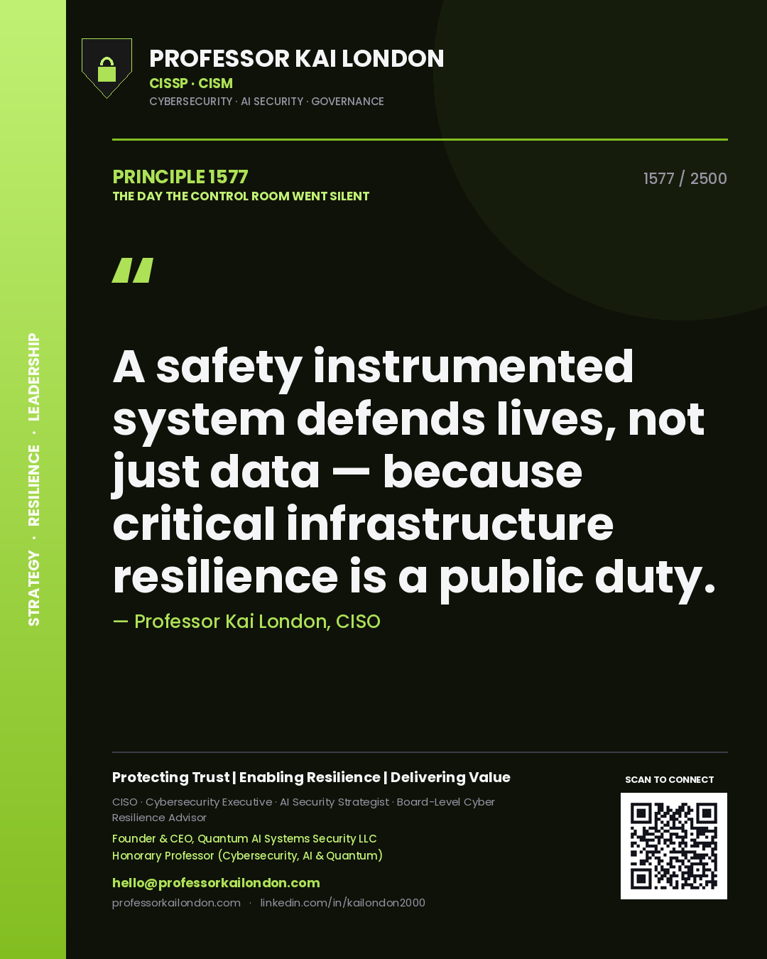 Professor Kai London principle 1577: A safety instrumented system defends lives, not just data — because critical infrastructure resilience is a public duty.