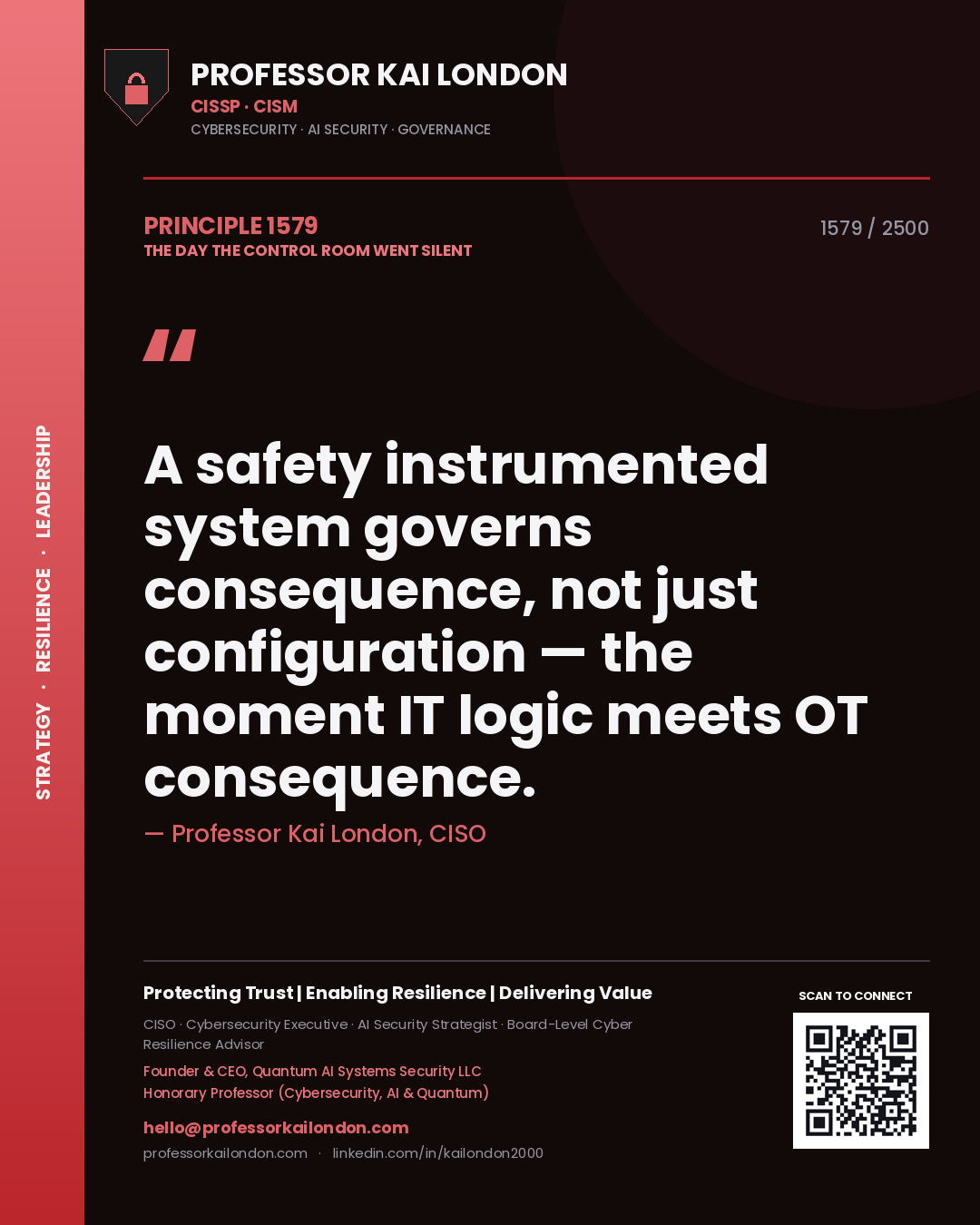 Quote card by Professor Kai London reading 'A safety instrumented system governs consequence, not just configuration — the moment IT logic meets OT consequence.'. From the book The Day the Control Room Went Silent.
