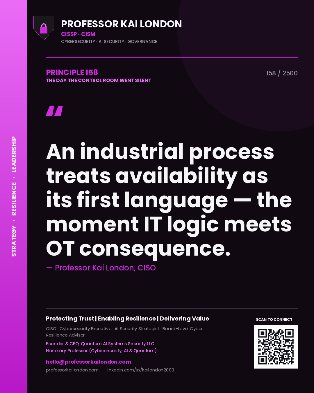 Quote card by Professor Kai London reading 'An industrial process treats availability as its first language — the moment IT logic meets OT consequence.'. From the book The Day the Control Room Went Silent.