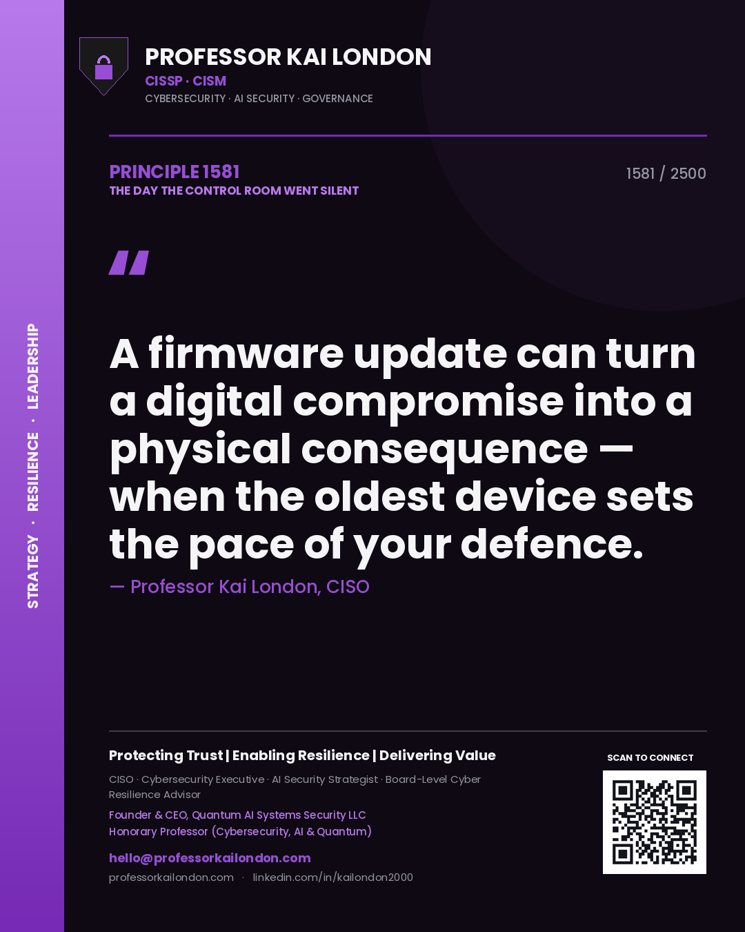 Quote card by Professor Kai London reading 'A firmware update can turn a digital compromise into a physical consequence — when the oldest device sets the pace of your defence.'. From the book The Day the Control Room Went Silent.