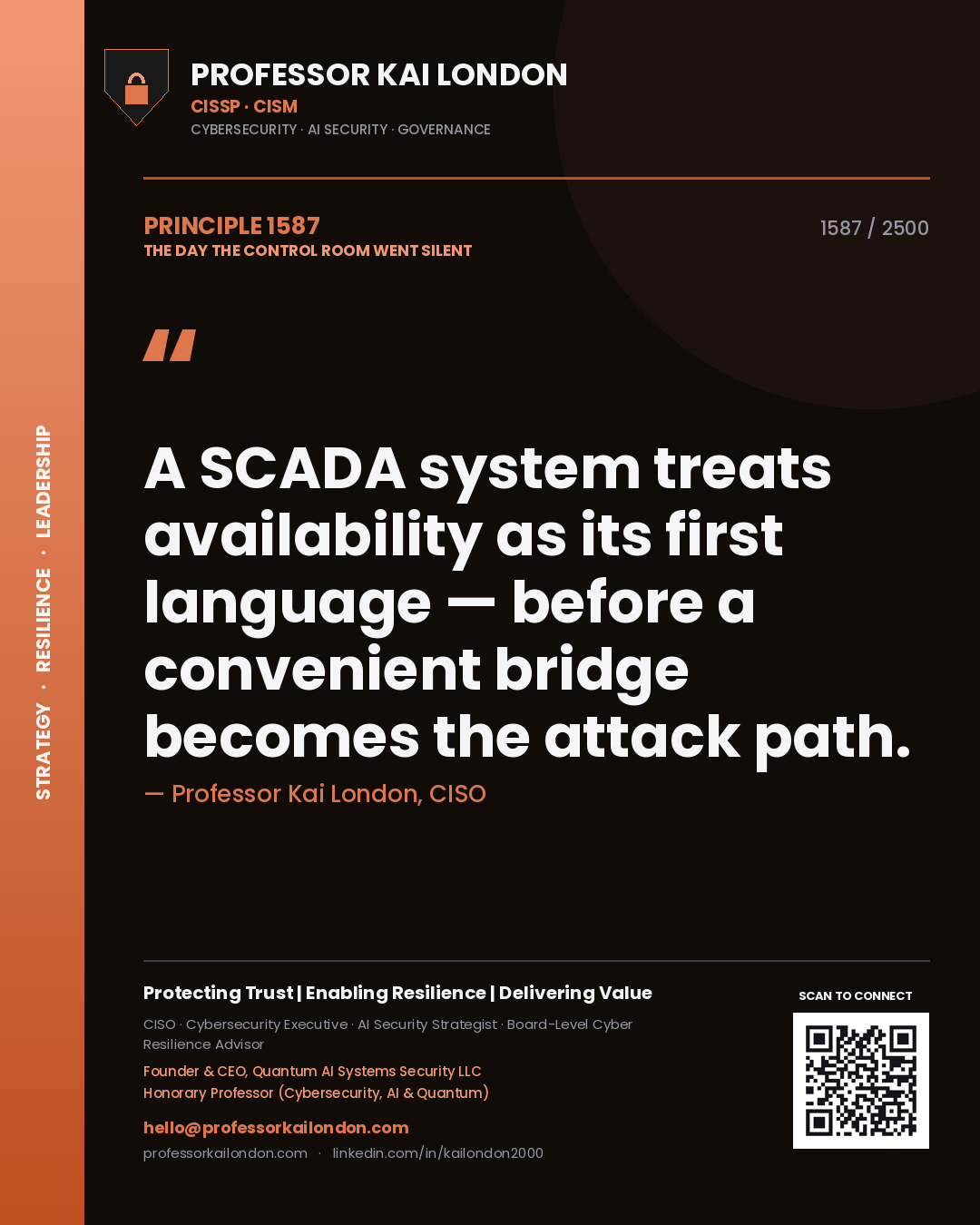 Quote card by Professor Kai London reading 'A SCADA system treats availability as its first language — before a convenient bridge becomes the attack path.'. From the book The Day the Control Room Went Silent.