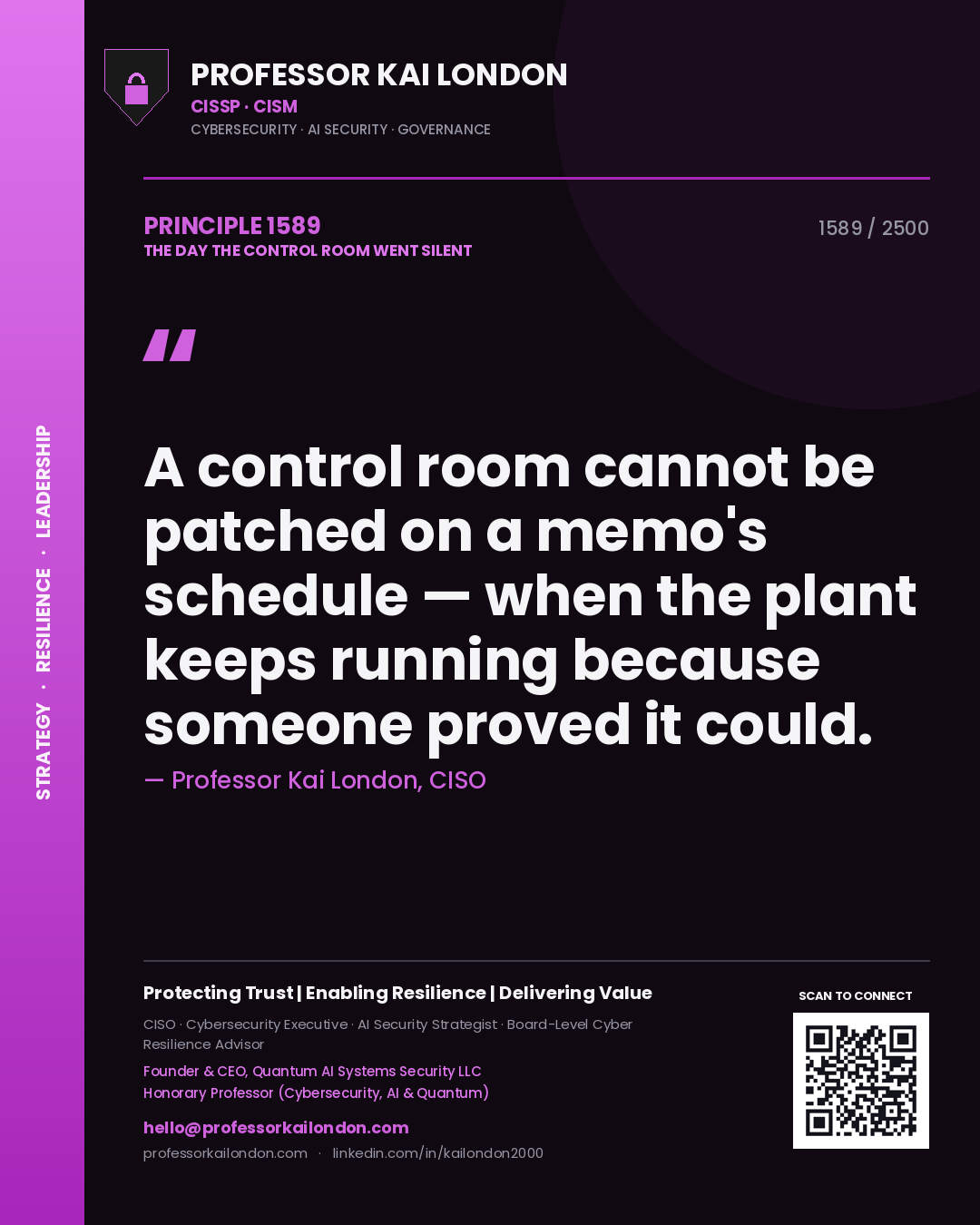 Quote card by Professor Kai London reading 'A control room cannot be patched on a memo's schedule — when the plant keeps running because someone proved it could.'. From the book The Day the Control Room Went Silent.