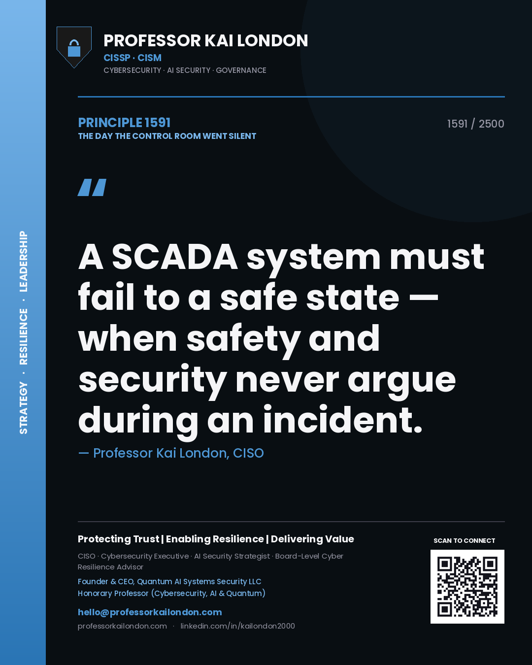 Quote card by Professor Kai London reading 'A SCADA system must fail to a safe state — when safety and security never argue during an incident.'. From the book The Day the Control Room Went Silent.