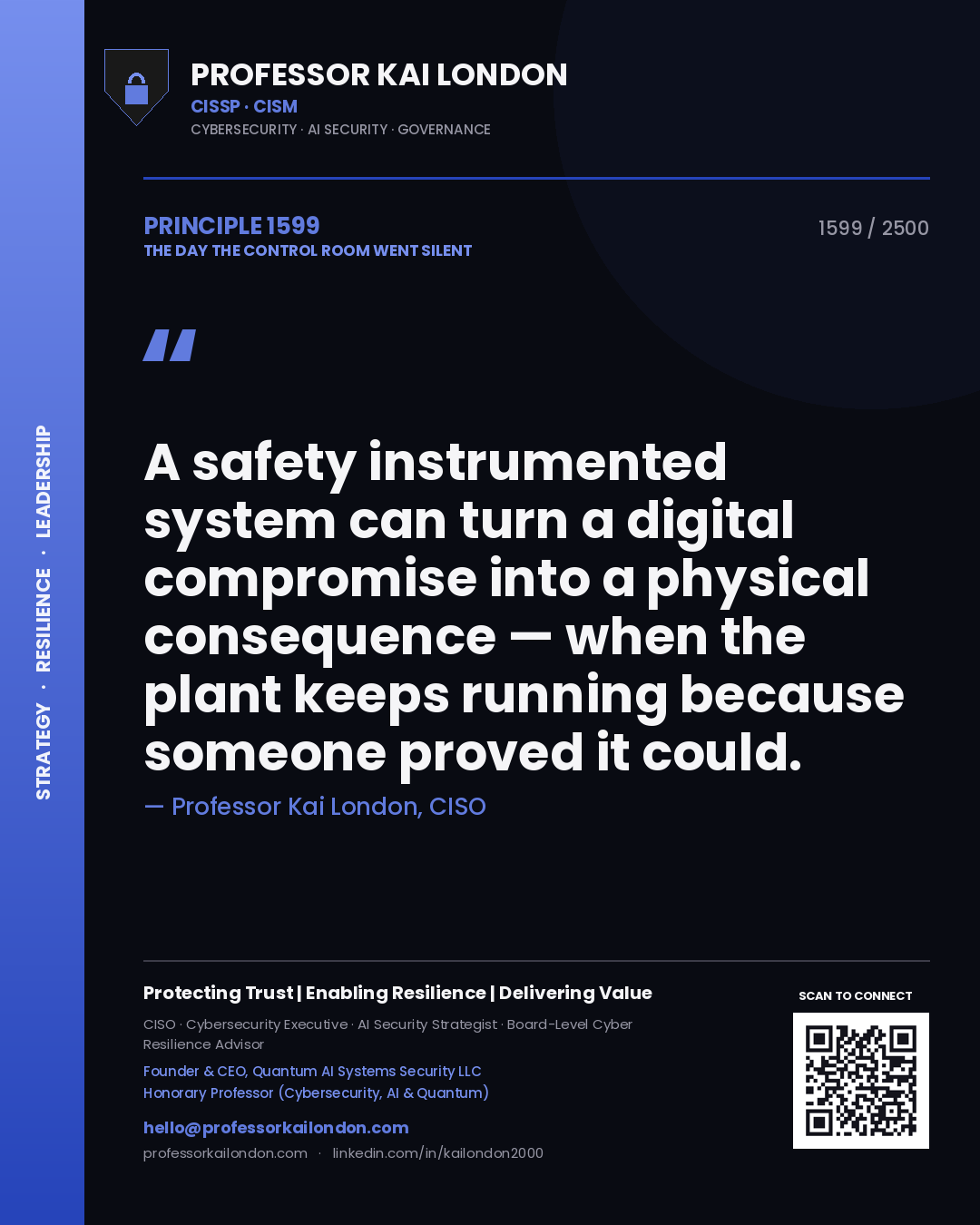 Quote card by Professor Kai London reading 'A safety instrumented system can turn a digital compromise into a physical consequence — when the plant keeps running because someone proved it could.'. From the book The Day the Control Room Went Silent.