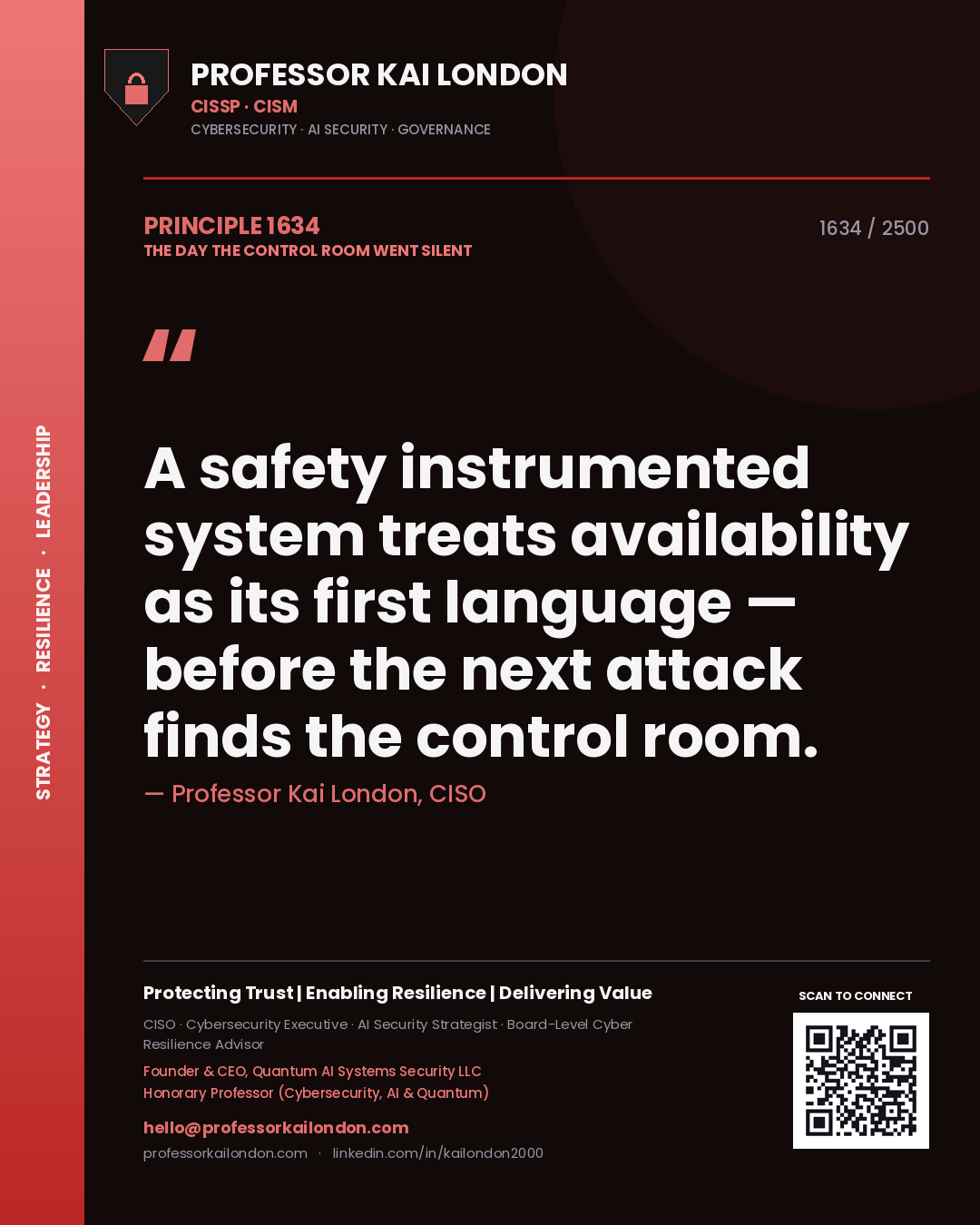 Professor Kai London principle 1634: A safety instrumented system treats availability as its first language — before the next attack finds the control room.