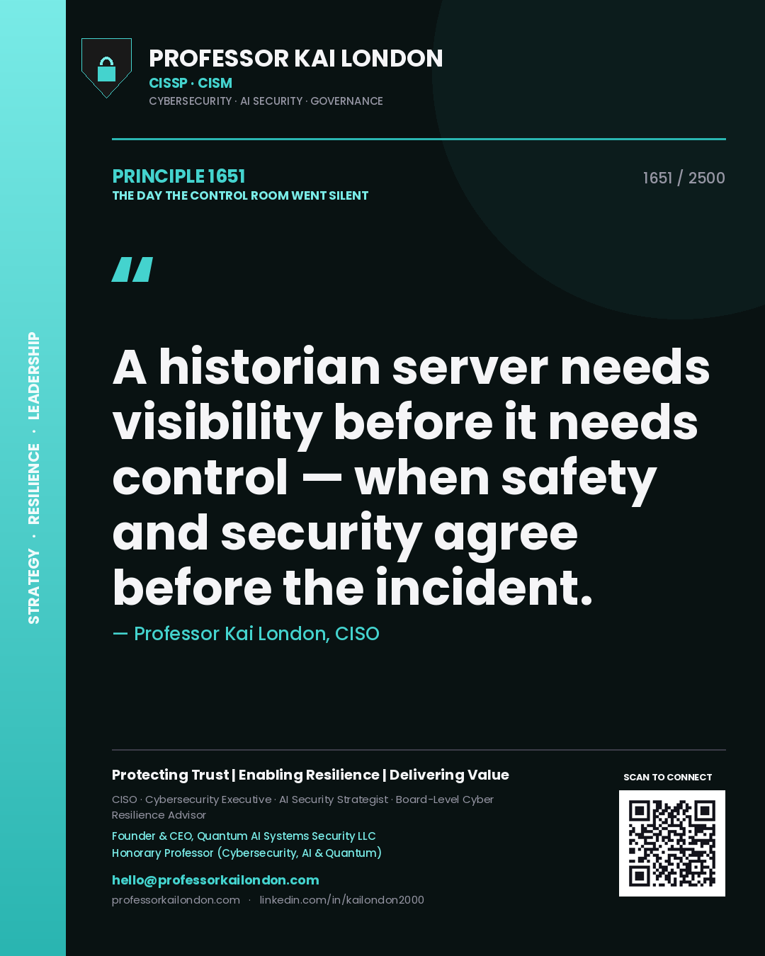 Quote card by Professor Kai London reading 'A historian server needs visibility before it needs control — when safety and security agree before the incident.'. From the book The Day the Control Room Went Silent.