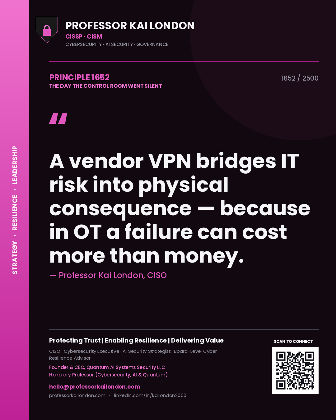Professor Kai London principle 1652: A vendor VPN bridges IT risk into physical consequence — because in OT a failure can cost more than money.