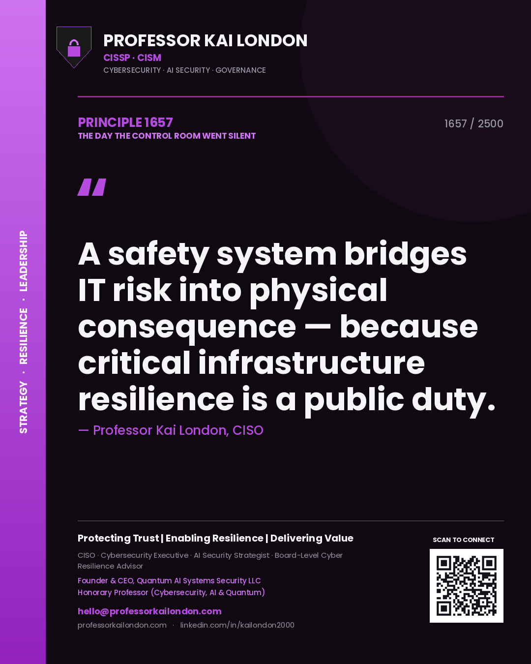 Professor Kai London principle 1657: A safety system bridges IT risk into physical consequence — because critical infrastructure resilience is a public duty.