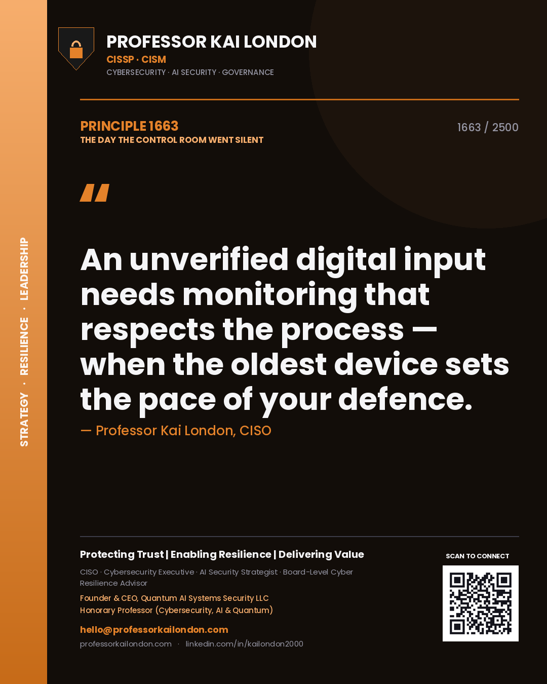 Professor Kai London principle 1663: An unverified digital input needs monitoring that respects the process — when the oldest device sets the pace of your defence.