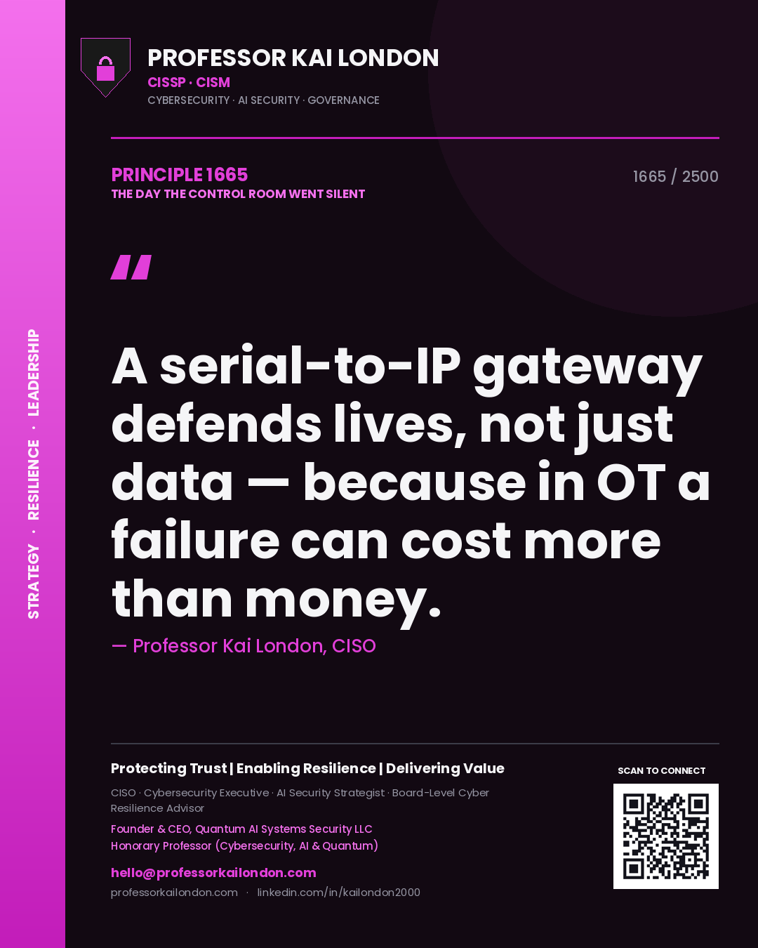 Professor Kai London principle 1665: A serial-to-IP gateway defends lives, not just data — because in OT a failure can cost more than money.