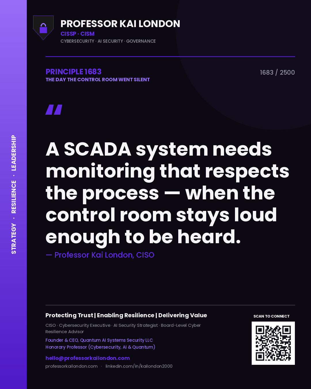 Quote card by Professor Kai London reading 'A SCADA system needs monitoring that respects the process — when the control room stays loud enough to be heard.'. From the book The Day the Control Room Went Silent.