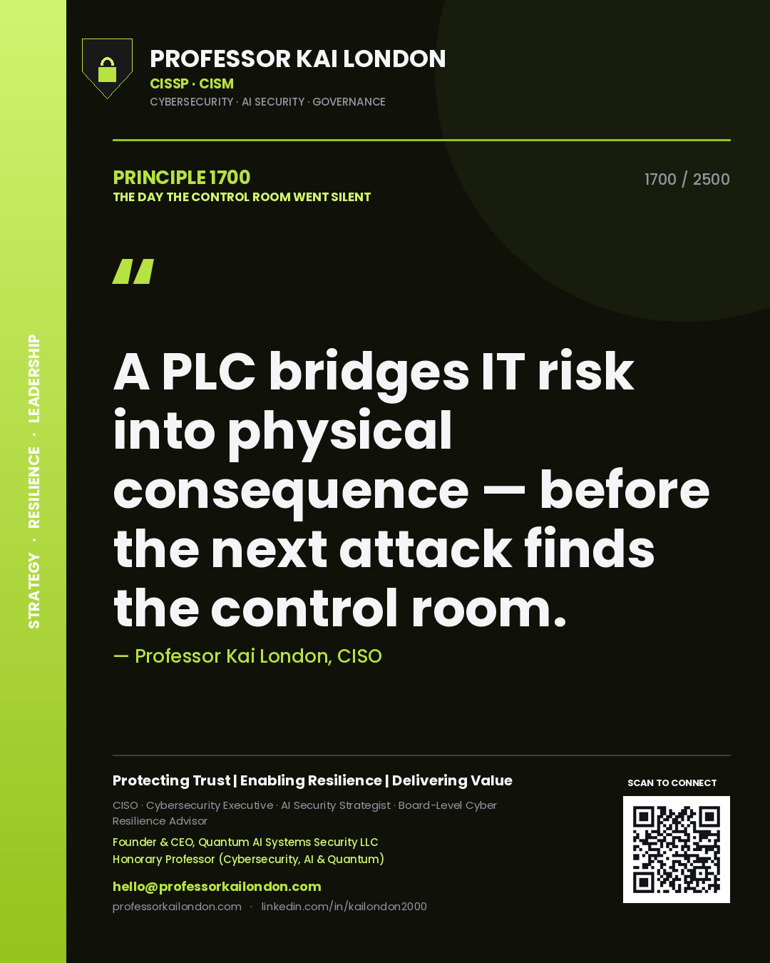 Professor Kai London principle 1700: A PLC bridges IT risk into physical consequence — before the next attack finds the control room.