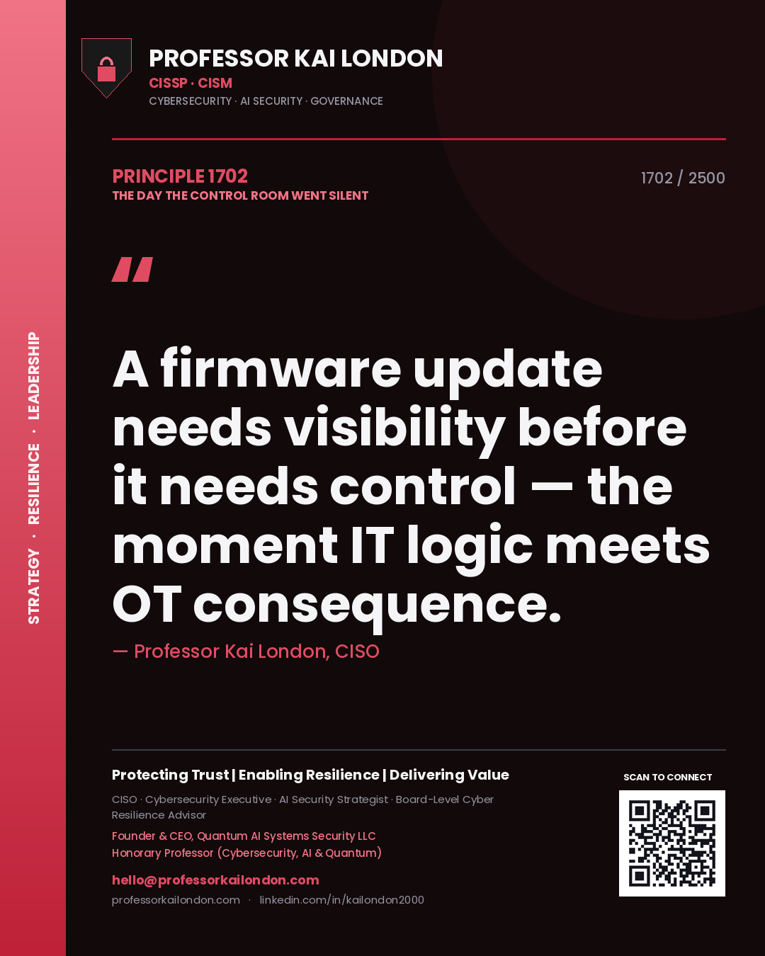 Professor Kai London principle 1702: A firmware update needs visibility before it needs control — the moment IT logic meets OT consequence.