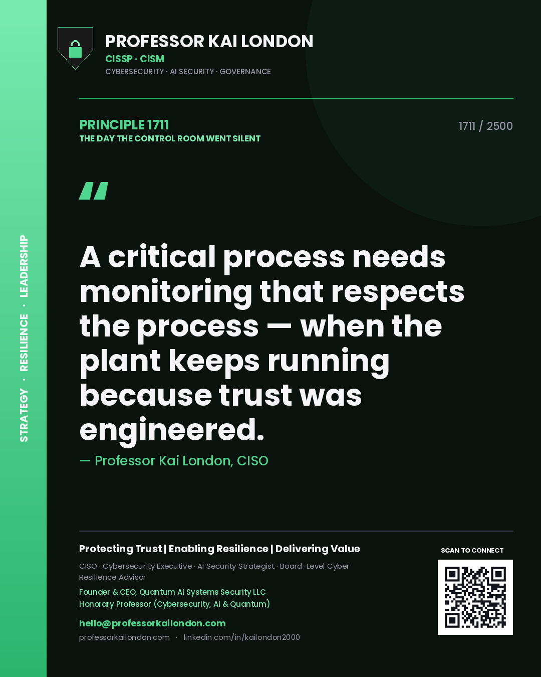 Quote card by Professor Kai London reading 'A critical process needs monitoring that respects the process — when the plant keeps running because trust was engineered.'. From the book The Day the Control Room Went Silent.