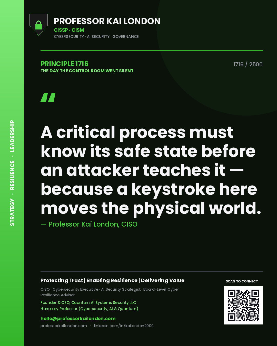 Professor Kai London principle 1716: A critical process must know its safe state before an attacker teaches it — because a keystroke here moves the physical world.