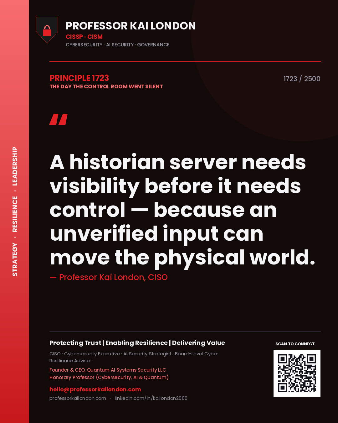 Professor Kai London principle 1723: A historian server needs visibility before it needs control — because an unverified input can move the physical world.