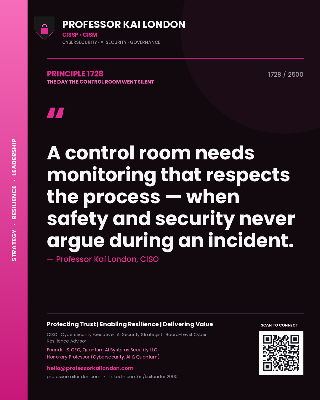 Professor Kai London principle 1728: A control room needs monitoring that respects the process — when safety and security never argue during an incident.