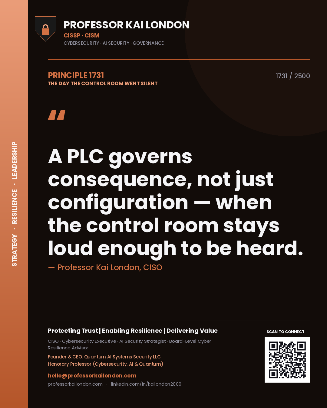 Professor Kai London principle 1731: A PLC governs consequence, not just configuration — when the control room stays loud enough to be heard.