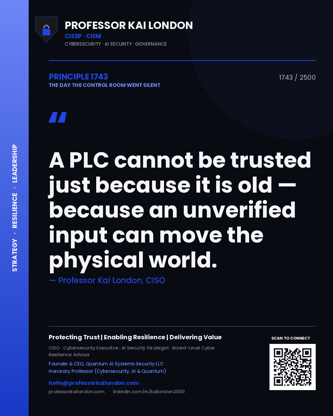 Quote card by Professor Kai London reading 'A PLC cannot be trusted just because it is old — because an unverified input can move the physical world.'. From the book The Day the Control Room Went Silent.