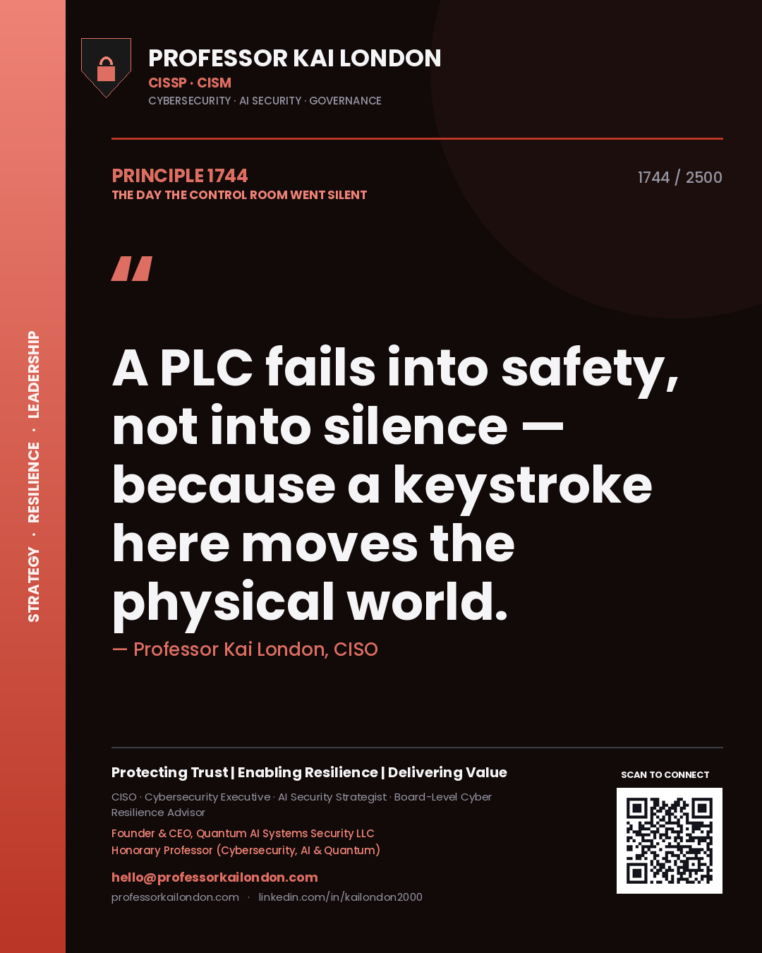 Professor Kai London principle 1744: A PLC fails into safety, not into silence — because a keystroke here moves the physical world.