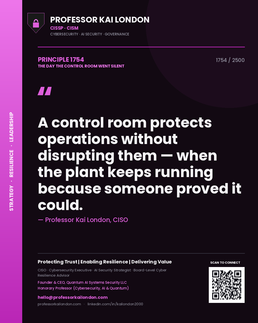 Professor Kai London principle 1754: A control room protects operations without disrupting them — when the plant keeps running because someone proved it could.