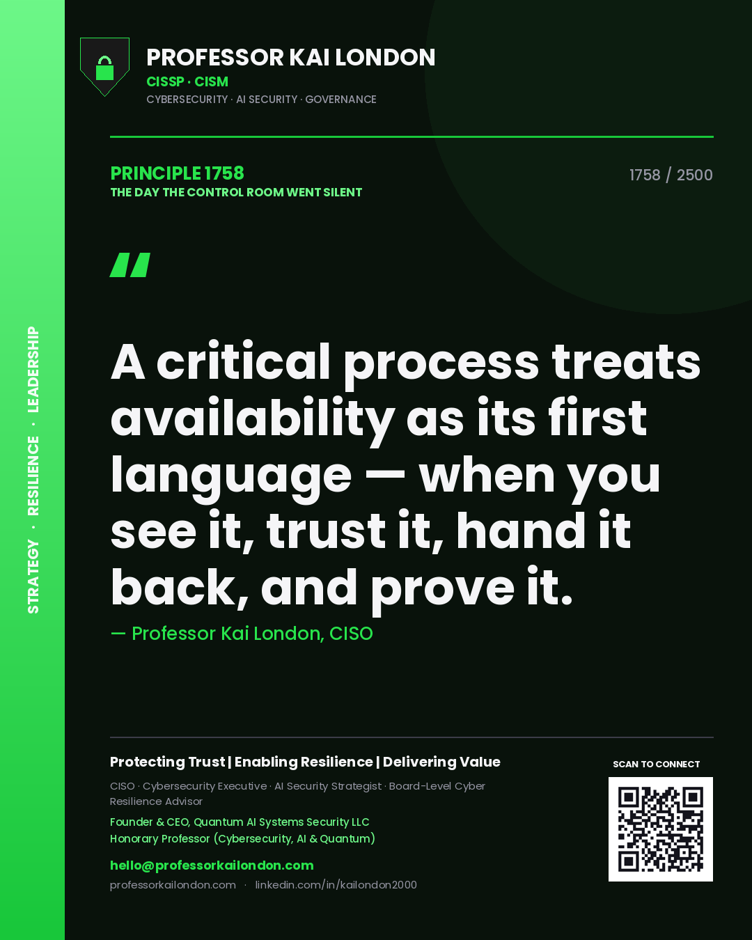 Professor Kai London principle 1758: A critical process treats availability as its first language — when you see it, trust it, hand it back, and prove it.