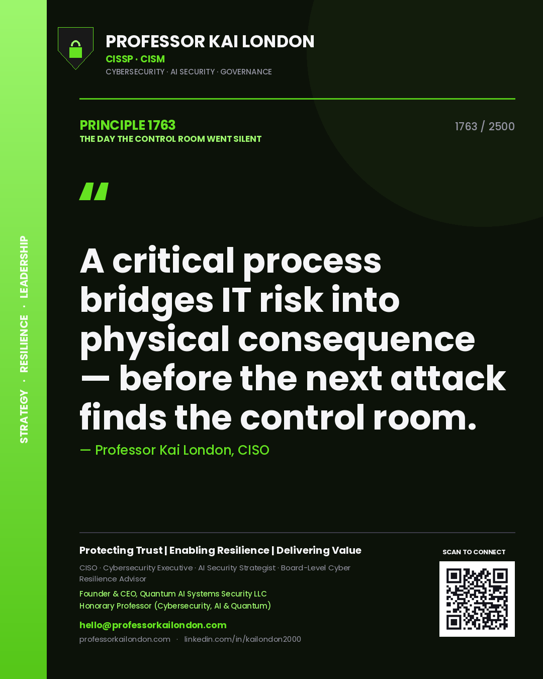 Professor Kai London principle 1763: A critical process bridges IT risk into physical consequence — before the next attack finds the control room.