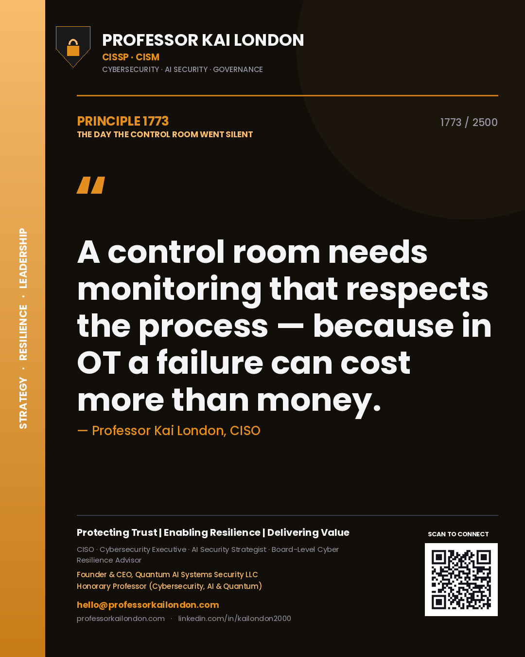 Professor Kai London principle 1773: A control room needs monitoring that respects the process — because in OT a failure can cost more than money.
