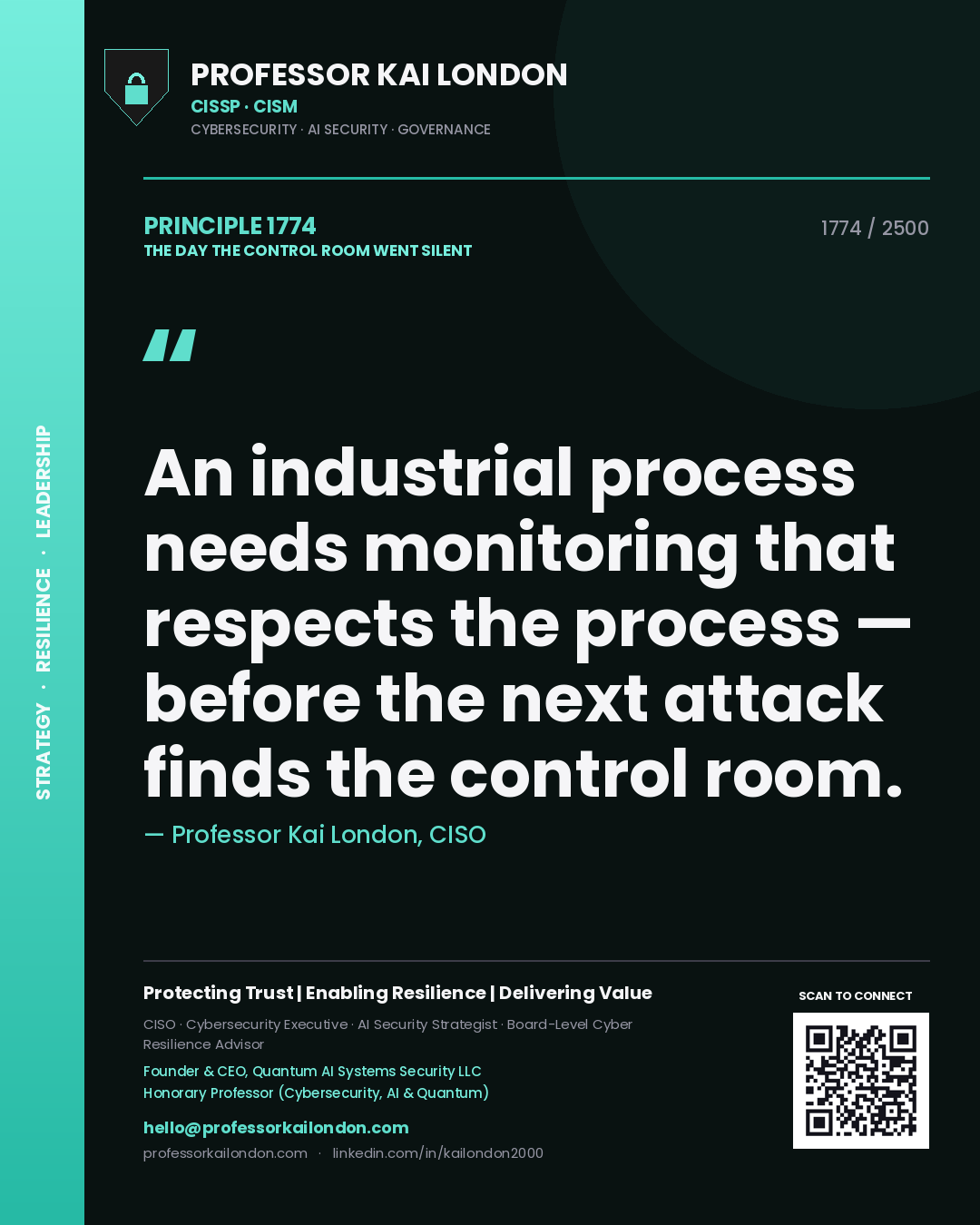Quote card by Professor Kai London reading 'An industrial process needs monitoring that respects the process — before the next attack finds the control room.'. From the book The Day the Control Room Went Silent.