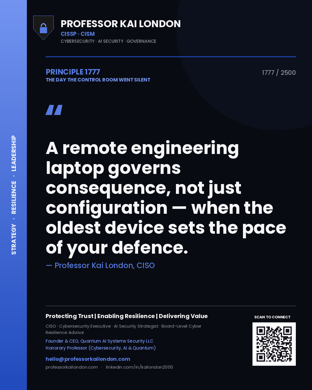 Professor Kai London principle 1777: A remote engineering laptop governs consequence, not just configuration — when the oldest device sets the pace of your defence.