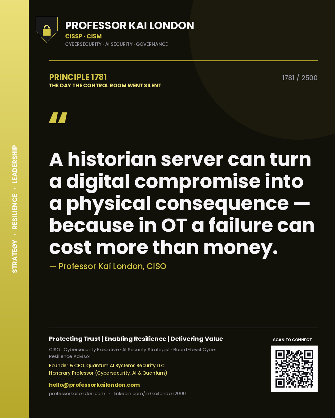 Quote card by Professor Kai London reading 'A historian server can turn a digital compromise into a physical consequence — because in OT a failure can cost more than money.'. From the book The Day the Control Room Went Silent.