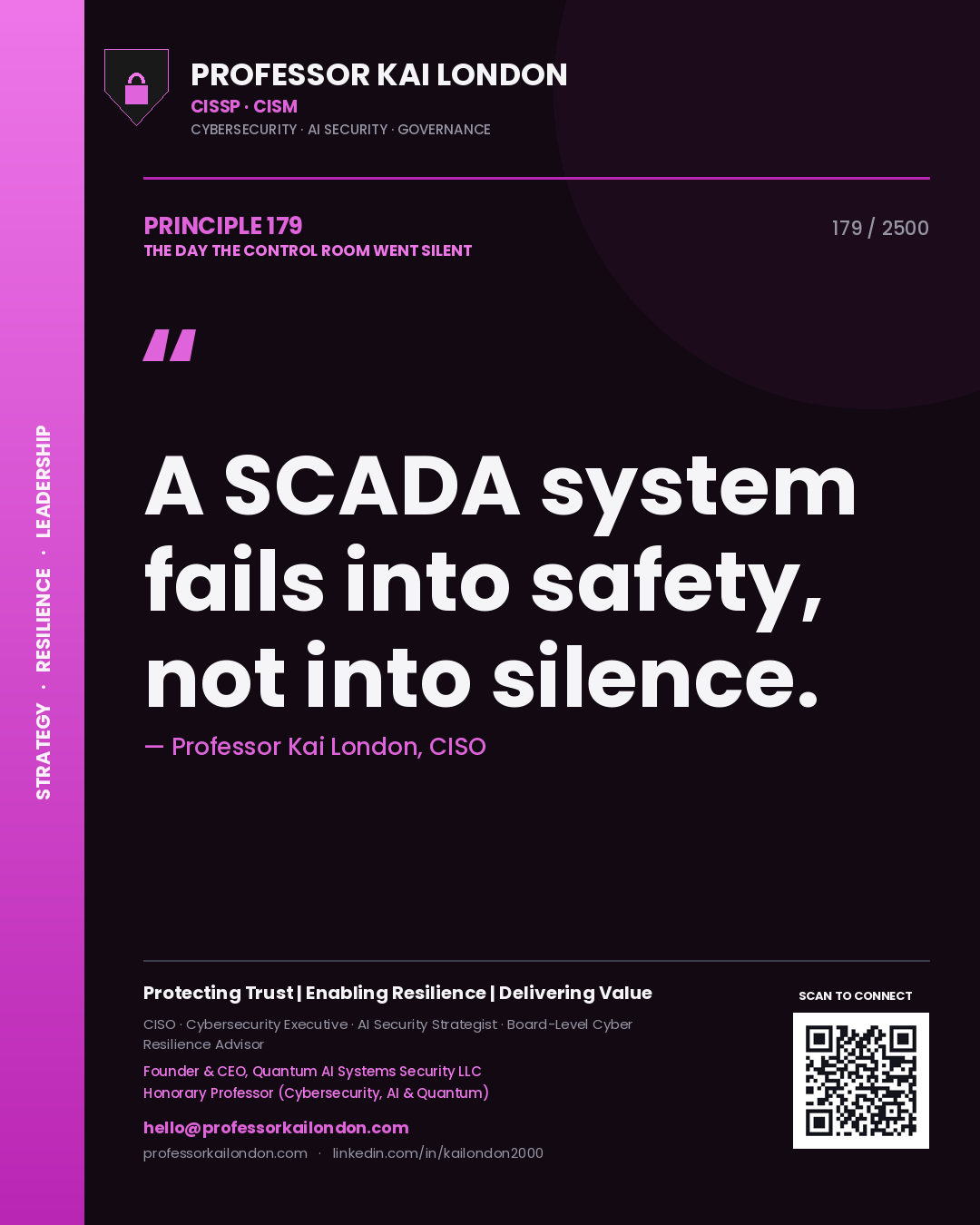 Quote card by Professor Kai London reading 'A SCADA system fails into safety, not into silence.'. From the book The Day the Control Room Went Silent.