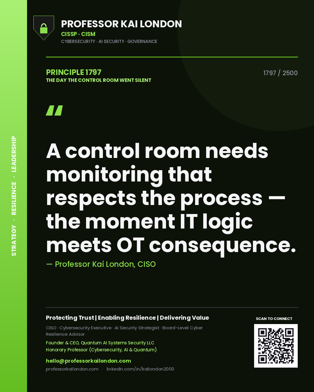 Quote card by Professor Kai London reading 'A control room needs monitoring that respects the process — the moment IT logic meets OT consequence.'. From the book The Day the Control Room Went Silent.