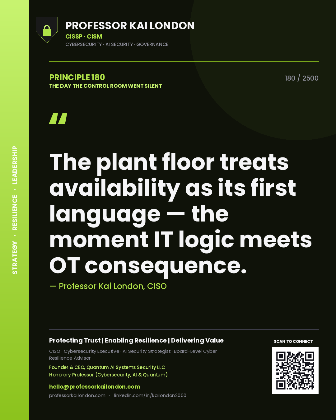 Quote card by Professor Kai London reading 'The plant floor treats availability as its first language — the moment IT logic meets OT consequence.'. From the book The Day the Control Room Went Silent.