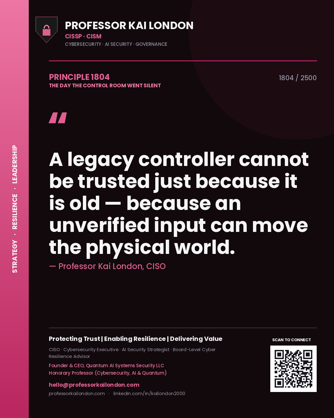 Professor Kai London principle 1804: A legacy controller cannot be trusted just because it is old — because an unverified input can move the physical world.