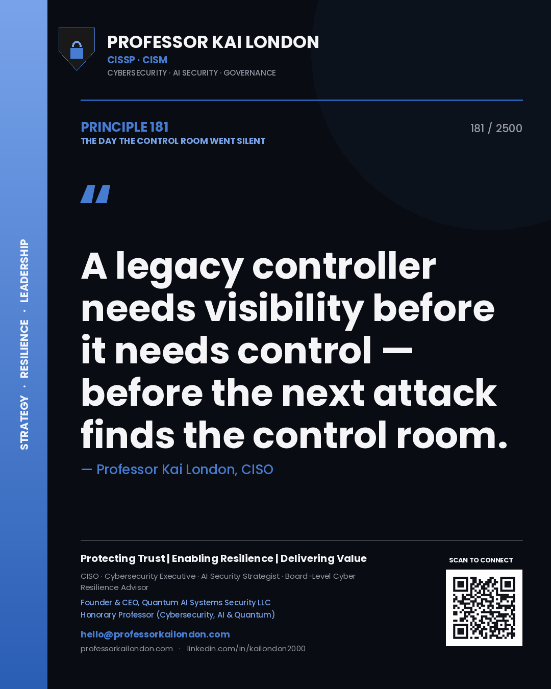 Quote card by Professor Kai London reading 'A legacy controller needs visibility before it needs control — before the next attack finds the control room.'. From the book The Day the Control Room Went Silent.