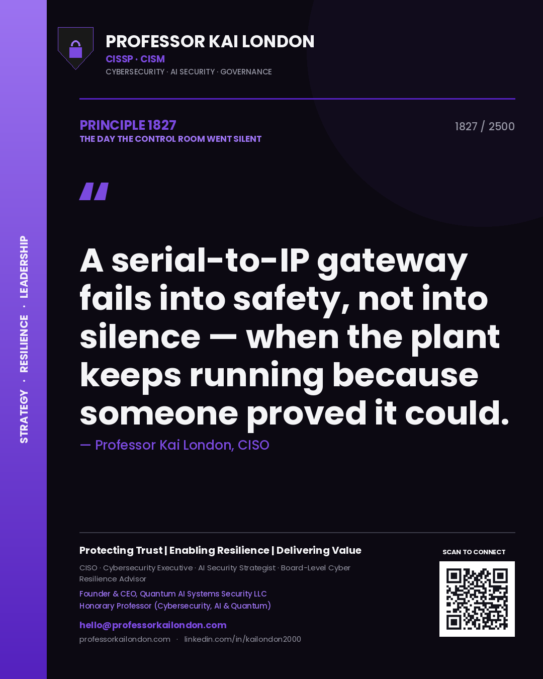Quote card by Professor Kai London reading 'A serial-to-IP gateway fails into safety, not into silence — when the plant keeps running because someone proved it could.'. From the book The Day the Control Room Went Silent.