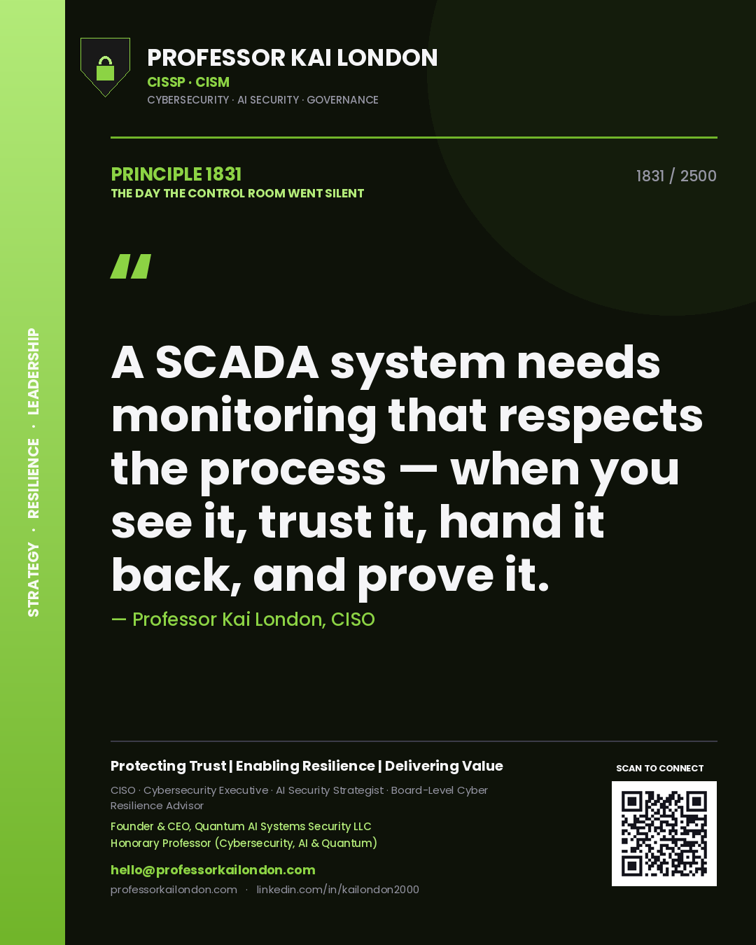 Quote card by Professor Kai London reading 'A SCADA system needs monitoring that respects the process — when you see it, trust it, hand it back, and prove it.'. From the book The Day the Control Room Went Silent.