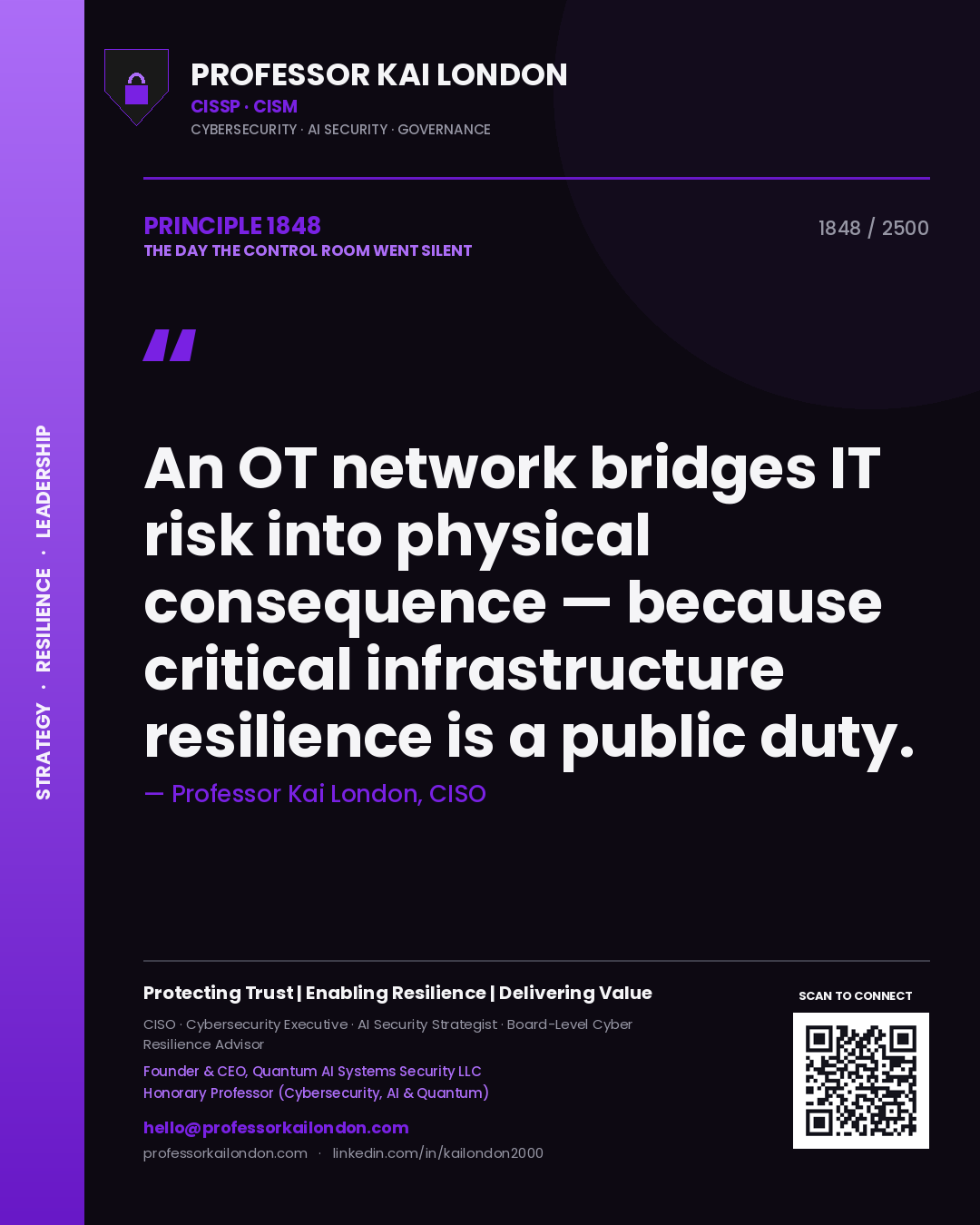 Professor Kai London principle 1848: An OT network bridges IT risk into physical consequence — because critical infrastructure resilience is a public duty.