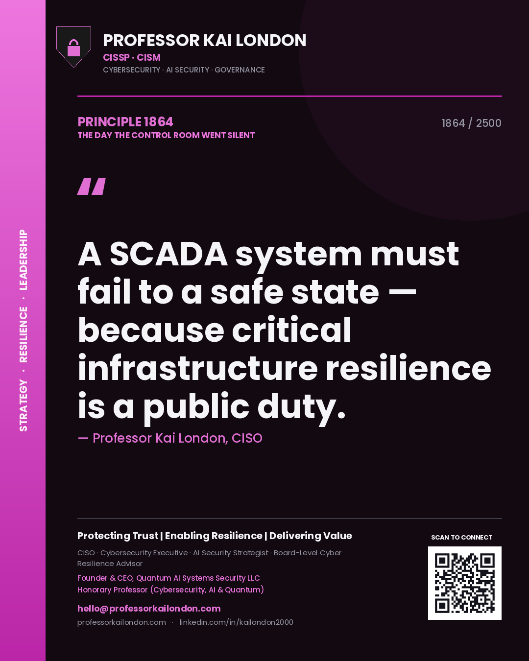 Professor Kai London principle 1864: A SCADA system must fail to a safe state — because critical infrastructure resilience is a public duty.