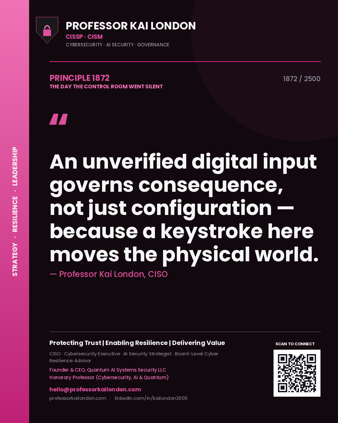 Professor Kai London principle 1872: An unverified digital input governs consequence, not just configuration — because a keystroke here moves the physical world.