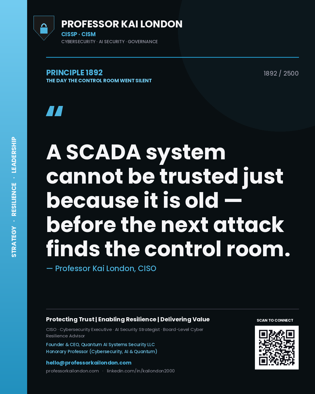 Quote card by Professor Kai London reading 'A SCADA system cannot be trusted just because it is old — before the next attack finds the control room.'. From the book The Day the Control Room Went Silent.