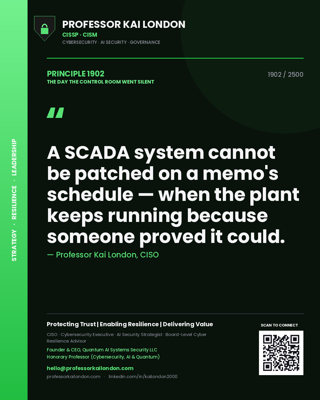 Professor Kai London principle 1902: A SCADA system cannot be patched on a memo's schedule — when the plant keeps running because someone proved it could.