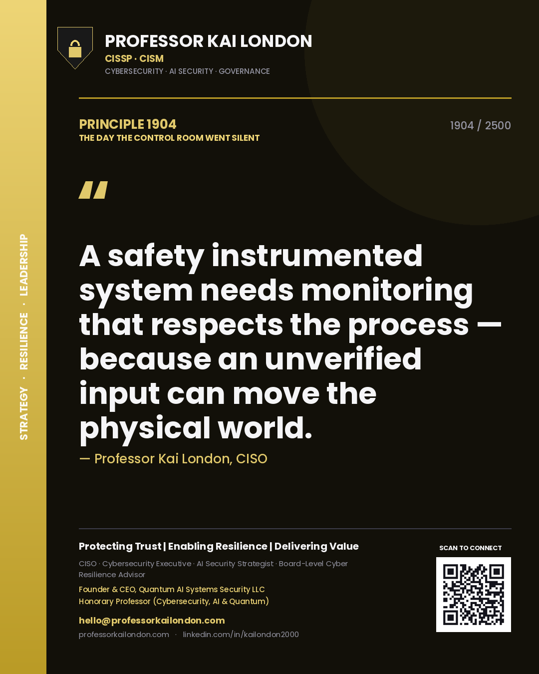 Professor Kai London principle 1904: A safety instrumented system needs monitoring that respects the process — because an unverified input can move the physical world.