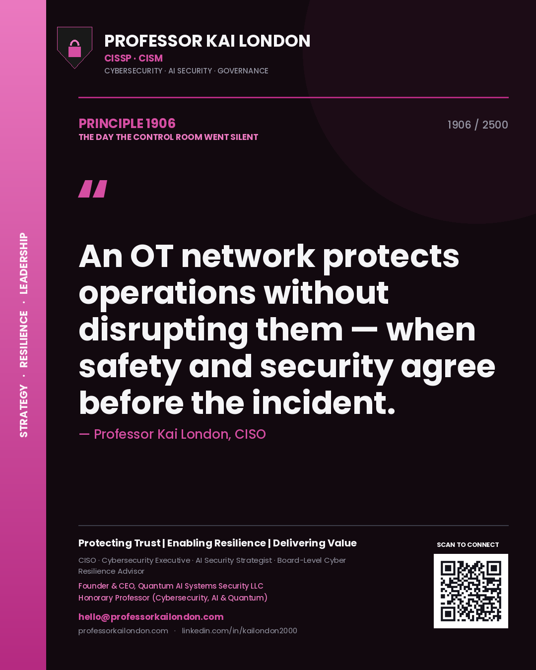 Professor Kai London principle 1906: An OT network protects operations without disrupting them — when safety and security agree before the incident.