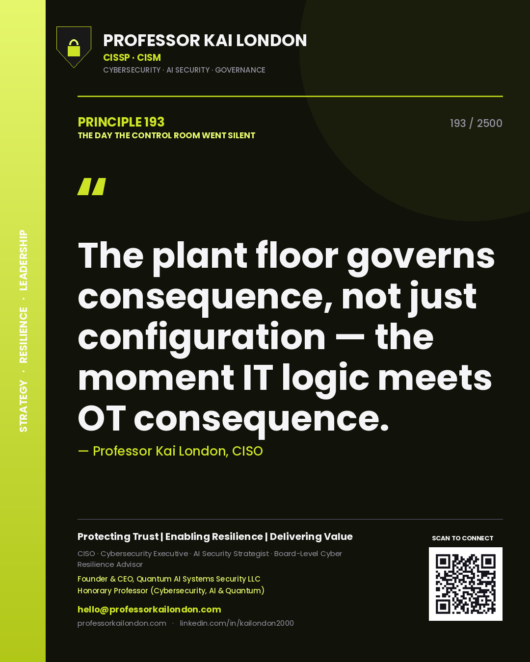 Quote card by Professor Kai London reading 'The plant floor governs consequence, not just configuration — the moment IT logic meets OT consequence.'. From the book The Day the Control Room Went Silent.
