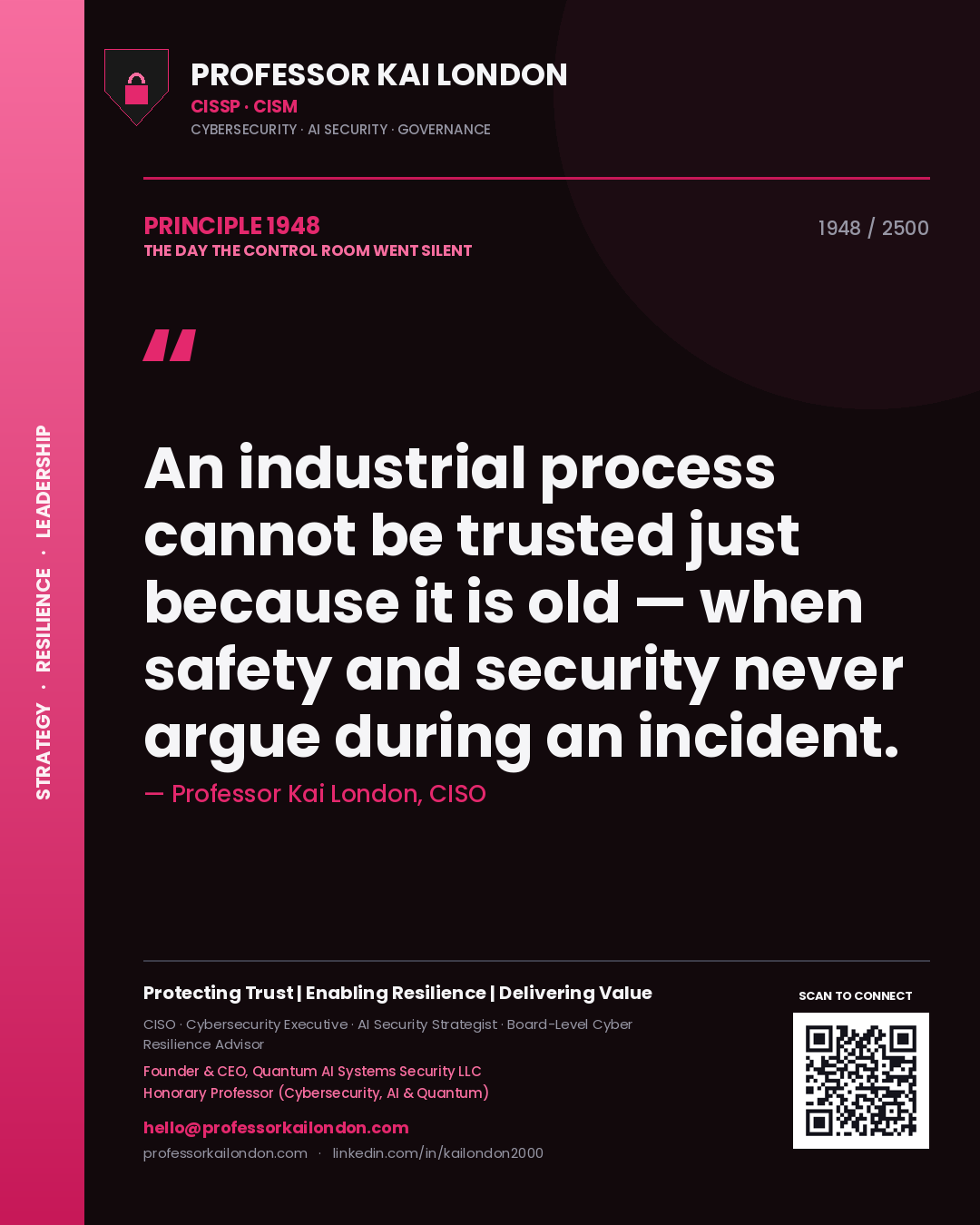 Quote card by Professor Kai London reading 'An industrial process cannot be trusted just because it is old — when safety and security never argue during an incident.'. From the book The Day the Control Room Went Silent.