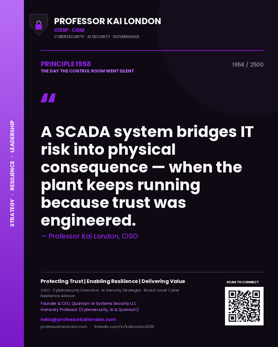 Professor Kai London principle 1958: A SCADA system bridges IT risk into physical consequence — when the plant keeps running because trust was engineered.