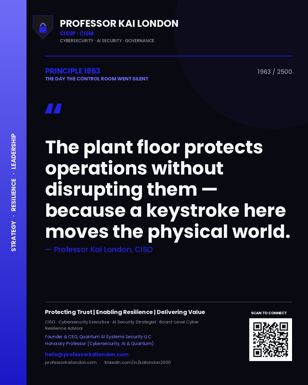 Quote card by Professor Kai London reading 'The plant floor protects operations without disrupting them — because a keystroke here moves the physical world.'. From the book The Day the Control Room Went Silent.